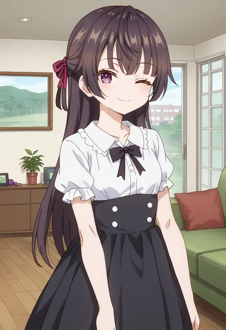 1girl, small breasts,
gothic dress, black dress, white shirt, hair bow,
smile, one eye closed, looking at viewer,
living room,
<lora:3-in-1_Alya_Alisa_Mikhailovna_Kujou_Yuki_Suou_and_Maria_Mikhailovna_Kujou:0.8> Yuki (character), long hair, brown hair, purple eyes,, score_9, source_anime,