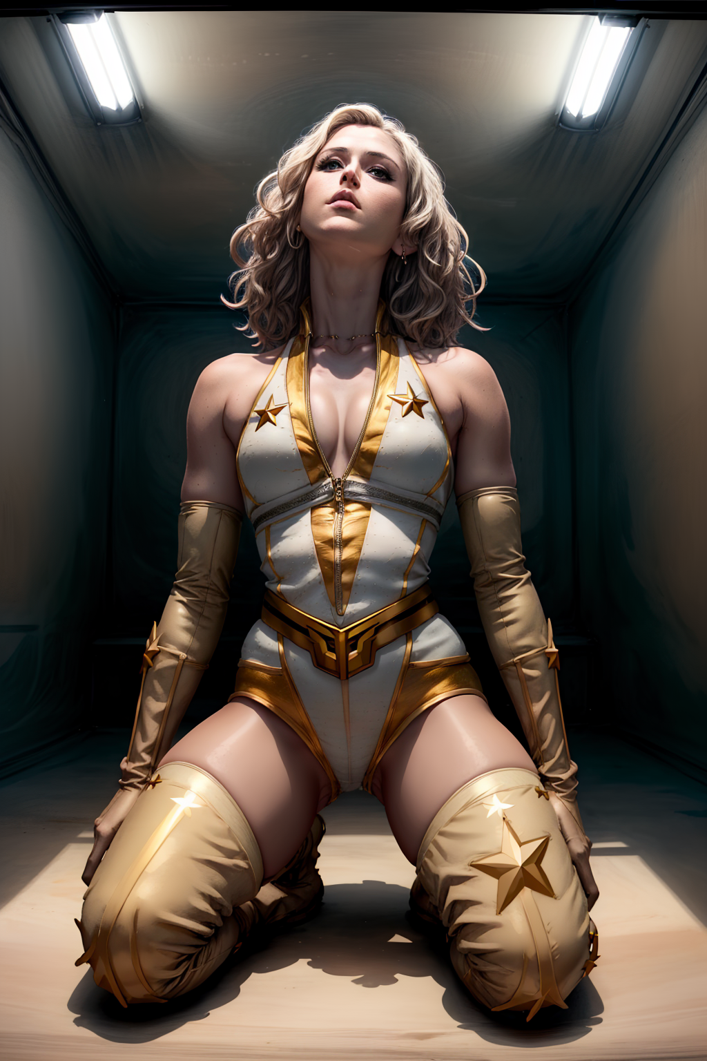 starlight, starlight outfit, jewelry,  thigh boots,gloves <lora:starlight-06:1> <lora:GoodHands-vanilla:1>Kneeling with one knee raised, looking upwards., Softbox positioned low to create a dramatic upward lighting effect (Low Softbox)., Film Grain, Split-Tone Photography