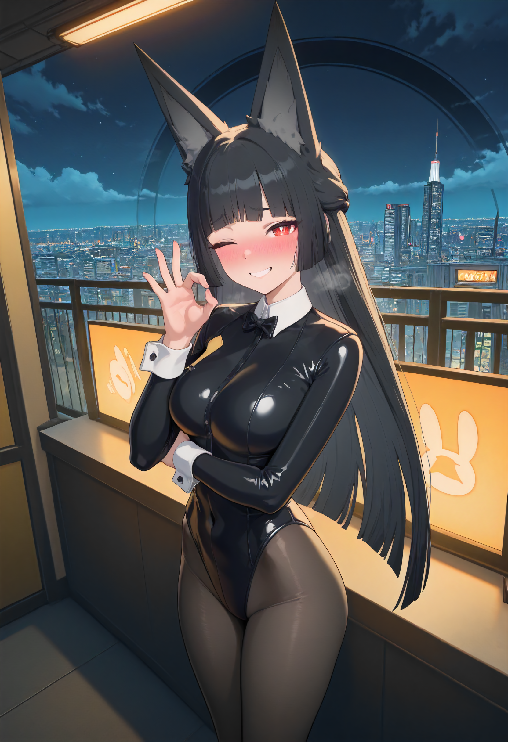 masterpiece, best quality, amazing quality, very aesthetic, absurdres, newest, scenery, volumetric lighting, perfect eyes, ultra detailed,
1girl, Hoshimi Miyabi, solo, black fox ears, black hair, bangs, long hair, red eyes, white pupils,
bunny suit, pantyhose,
standing, looking at viewer, blushing, nervous grin, shy smile, deep blush, visible breath, wink, winking, fellatio gesture,
city, night sky, beautiful frame, backlighting, hollow in background, black circle in background,
<lora:Hoshimi_Miyabi_-_Zenless_Zone_Zero_ZZZ__Illustrious:1>
masterpiece, best quality, amazing quality, very aesthetic, absurdres, newest, scenery, volumetric lighting, perfect eyes, ultra detailed,