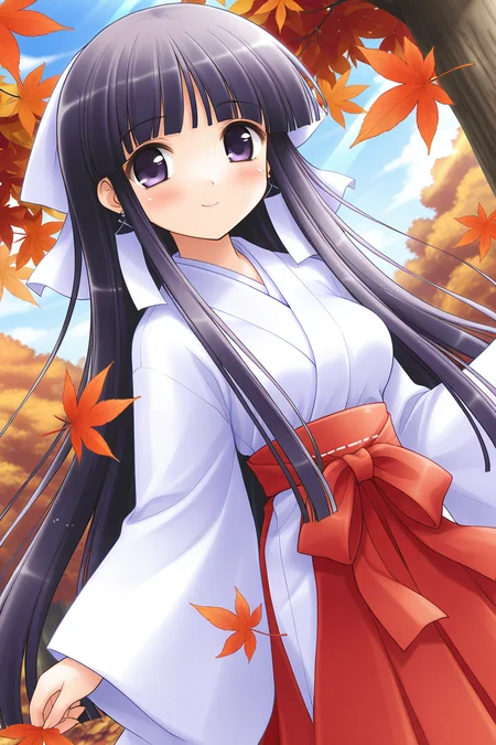 masterpiece, best quality, absurdres, official art, official style, general BREAK <lora:arisakamatsuri_IL_v1-2:0.7>, arisaka matsuri, 1girl, solo, purple eyes, black hair, purple hair, very long hair, blunt bangs, hime cut, sidelocks, hair ribbon, white ribbon, medium breasts, large breasts, earrings, miko, white kimono, long sleeves, wide sleeves, red sash, red bow, waist bow, red hakama, hakama skirt, leaf, blush, tree, cloud, smile, autumn leaves, outdoors, day, autumn, dutch angle, wind, sun, falling leaves, sunlight, maple leaf, nature, looking at viewer, scenery, blue sky, light rays, standing, forest, glowing, hand on tree