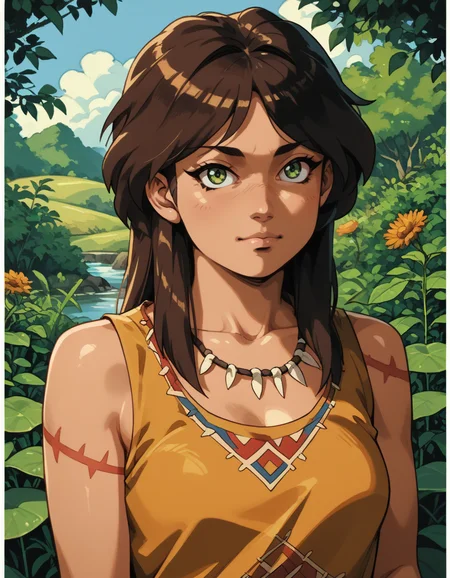 Tribal style, score_9, score_8_up, score_7_up, score_6_up, score_5_up BREAK ot0m, 1girl, green eyes, brown sidelocks hair, looking at viewer, <lora:OtaKingMondayAshlinPDXL16v1.6tx1-000008:0.9>, Indigenous, ethnic, traditional patterns, bold, natural colors, highly detailed