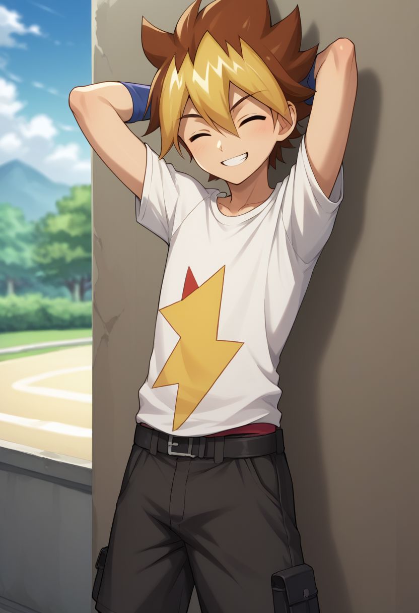score_9, score_8_up, source_anime, highly detailed, skinny, cute,
yuga, 1boy, male focus, gloves, solo, smile, fingerless gloves, shorts, multicolored hair, shirt, brown hair,
hair between eyes, print shirt, 
outdoor, hands behind head, closed eyes,
