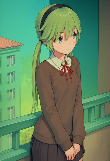source_anime, score_9, score_8_up, score_7_up, score_6_up, score_5_up, score_4_up, 1 girl, solo, <lora:Io_Ichimonji_from_LiL_PonyXL:0.8>, long hair, low twintails, twintails, hair between eyes, blush, io_outfit4, hairband, school uniform, ribbon, sweater, neck ribbon, red ribbon, shirt, black hairband,, <lora:cutesexyronutts_style_xl:1> csr style,,(On the balcony, Leaning against a wall),