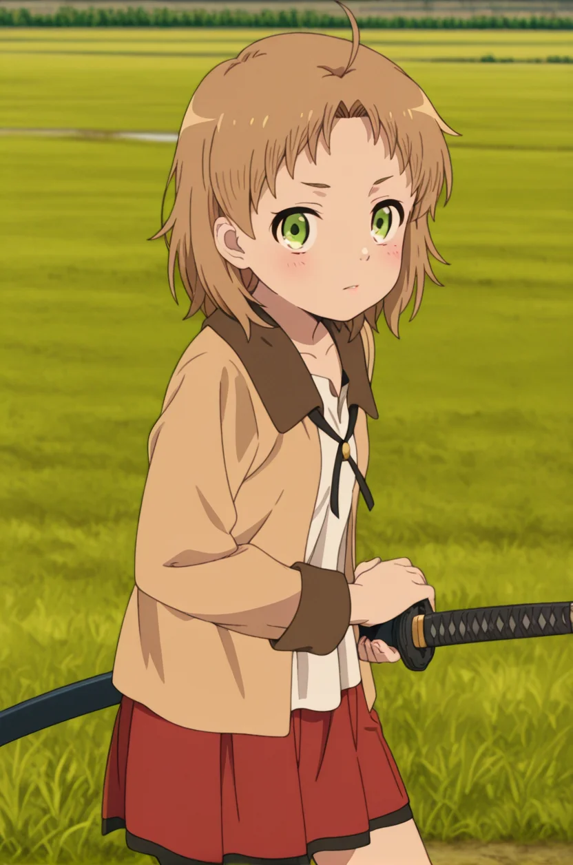 , source_anime, intricate details, masterpiece, high quality, prefect hands, best quality,, 1girl, detailed eyes , solo, anime coloring,
, blush , ,looking at viewer,
cinematic lighting,
<lora:rudy_yyy_illustrious:1> rudy, ahoge ,medium hair , brown hair, green eyes , 1girl , gender bender , small breast , lips , eyelashes , , , brown jacket, long sleeves, white shirt, red skirt ,outdoors, meadow
<lora:iaido_Illust_v1:1> iaidou,weapon, katana, holding sword, ready to draw, sheathed, unsheathing, scabbard,