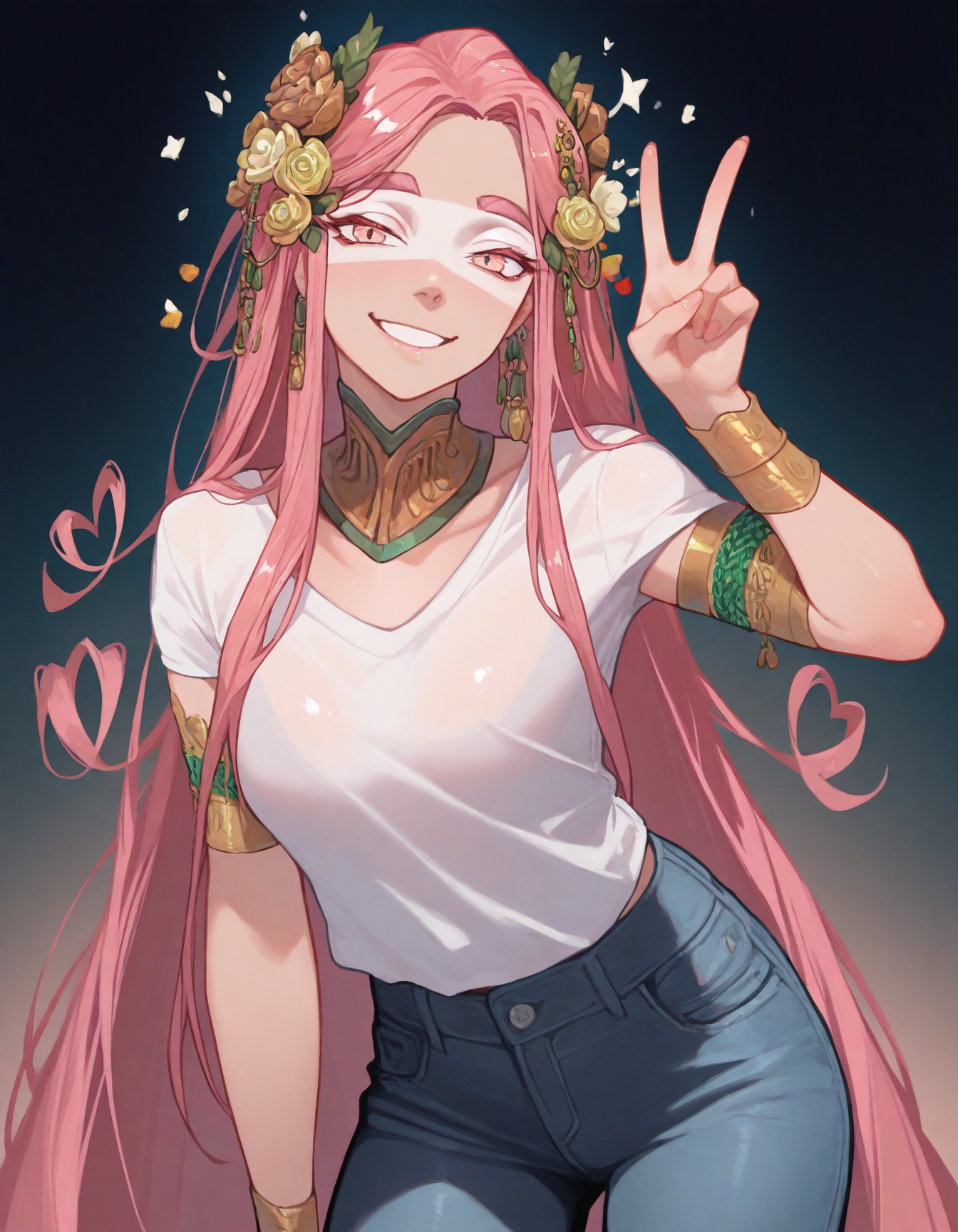 amazing quality,very aesthetic,absurdres,best quality,newest,masterpiece,4k resolution,1girl,solo,
aphroditehades2, white shirt, jeans, , hair ornament, smiling to the viewer, v,<lora:TRT(Illust)0.1v:0.7> <lora:AphroditeIllustrious:1>