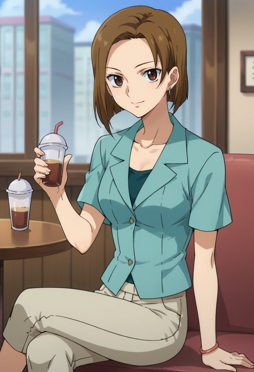 score_9,score_8_up,score_7_up,score_6_up,score_5_up,score_4_up,anime coloring BREAK source_anime,anime,<lora:Kinue_Crossroad_Gundam_00_Pony:0.7>,kinue,1girl,solo,brown eyes,brown hair,short hair,earrings,blue shirt,capri pants,smile,sitting,drinking,crossed_legs,cafe,looking at viewer,