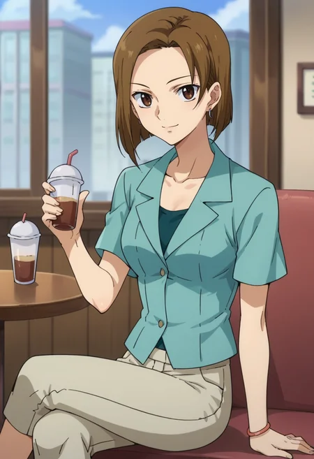 score_9,score_8_up,score_7_up,score_6_up,score_5_up,score_4_up,anime coloring BREAK source_anime,anime,<lora:Kinue_Crossroad_Gundam_00_Pony:0.7>,kinue,1girl,solo,brown eyes,brown hair,short hair,earrings,blue shirt,capri pants,smile,sitting,drinking,crossed_legs,cafe,looking at viewer,