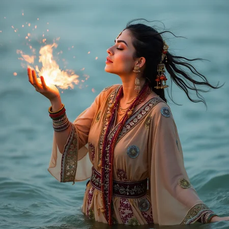 professional photograph. highly detailed.
45yo akhovia woman in traditional clothes standing in water and praising (the_wind | the_water | the_fire | the_earth) with a gesture that conjures up the four elements in a explosion of the elements.