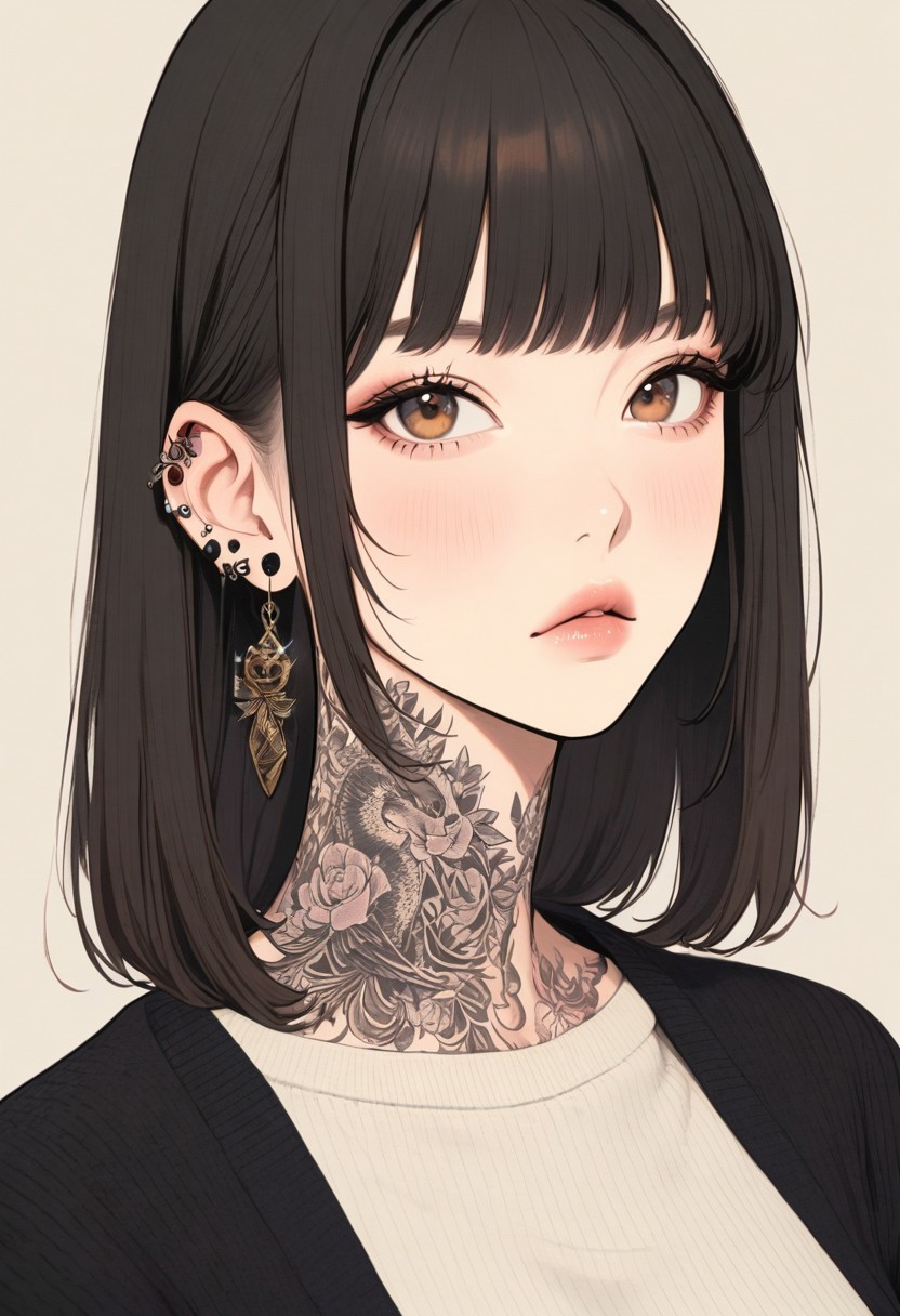 1girl, tattoo, neck