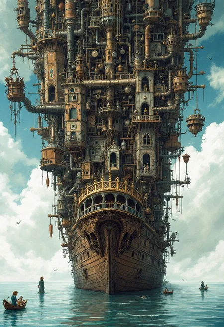 A huge ship-castle, where my sister and I are rulers in another fantasy world like Narnia. Figures made of pipes, lots of rooms and long corridors. Strange arrangement of interior items (on the ceiling, on the walls).