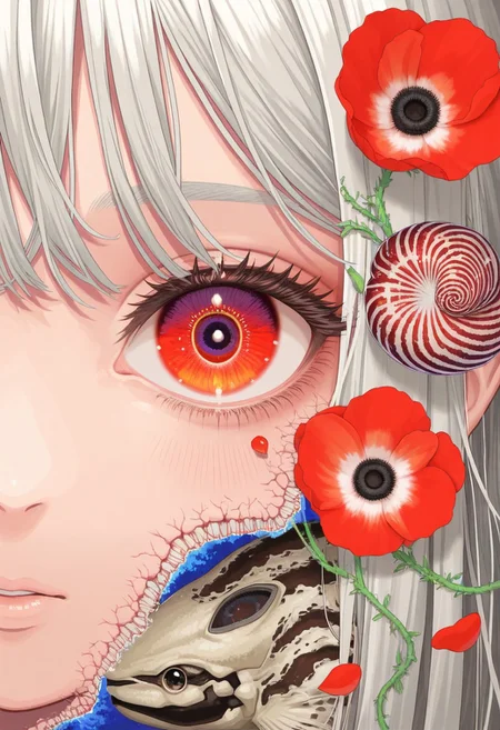 tekito midori, minami \(minami373916\),  nihonga, nautilus \(animal\), poppy \(flower\), eye focus, extreme-close-up, eyelashes, eye reflection, surreal, revealing layer, depth,[cyberspace], celluloid,masterpiece, high score, great score, absurdres, best quality, very aesthetic, scenery, (vibrant), mysterious, pixel art, (collage background:0.7), no humans, (vibrant:1.1),