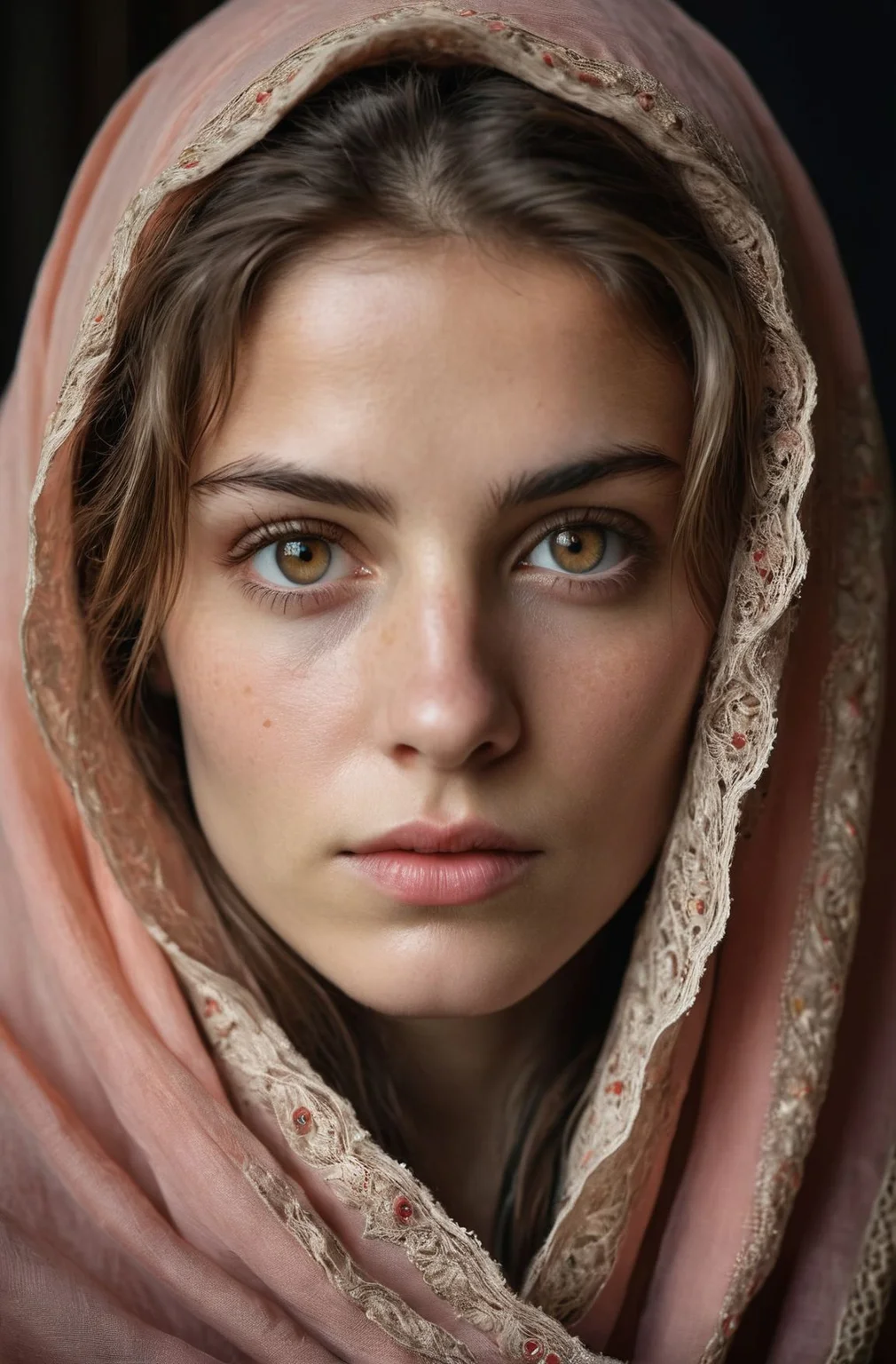 a photorealistic portrait of a stunningly beautiful woman without make-up, extremely detailed light hazel eyes, detailed symmetric realistic face, natural skin texture, extremely detailed skin with skin pores, peach fuzz, messy hair, wearing shawl over her head, masterpiece, absurdres, award winning photo by lee jeffries, nikon d850 film stock photograph, kodak portra 400 camera f1.6 lens, extremely detailed, amazing, fine detail, rich colors, hyper realistic lifelike texture, dramatic lighting, unrealengine, trending on artstation, cinestill 800 tungsten, looking at the viewer, photo realistic, RAW photo, TanvirTamim, high quality, highres, sharp focus, extremely detailed, cinematic lighting, 8k uhd