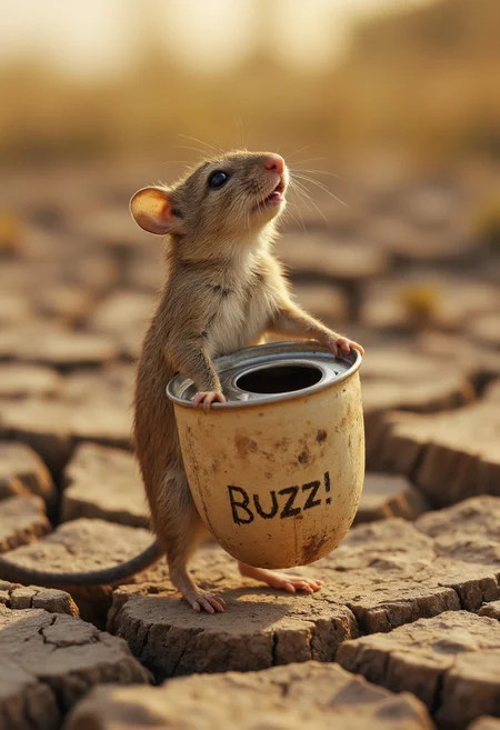 A tiny field mouse, standing on its hind legs, clutches an empty can between its paws. The can has the word "Buzz?" neatly painted on its side in slightly uneven letters. Its whiskers twitch nervously as it looks upward with pleading eyes. The background is a parched, cracked earth landscape, bathed in the intense golden light of a late summer afternoon. The focus is sharp on the mouse and the acorn cup, emphasizing the desperation of its plea and the unusual inscription. The overall image evokes a sense of vulnerability, the struggle for survival, and a touch of whimsical curiosity.