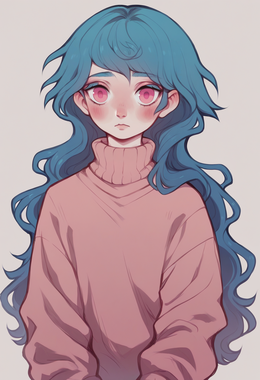 score_9, score_8_up, score_7_up, score_6_up, score_5_up,   <lora:DKXLP:1> dk, 1girl, long hair, blush, blue hair, sweater, pink eyes,