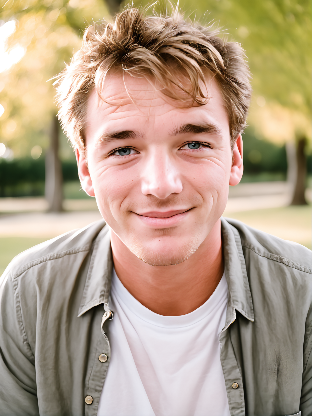 michaelsynth:0.3 man portrait, closeup:2, face focus, in the park, laughing