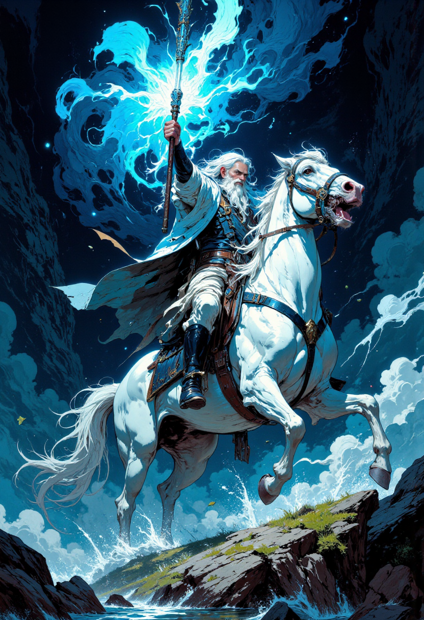 cinematic photo. a fantasy-style illustration featuring a majestic scene. The layout is vertical, focusing on a central figure riding a white horse. The subject is an elderly man with long white hair and a flowing beard, wearing a white robe. He holds a glowing staff aloft, emitting a bright, ethereal light that contrasts with the dark, mountainous background. The horse is depicted in mid-stride, exuding a sense of movement and power. The overall color palette is dominated by shades of blue and white, enhancing the mystical and otherworldly atmosphere. The lighting highlights the figure and horse, creating a dramatic and captivating visual effect. 35mm photograph, film, bokeh, professional, 4k, highly detailed
<lora:Anime v1.3:0.6> <lora:VividlySurreal:0.6> <lora:FLUX-daubrez-DB4RZ-v2:0.4>  <lora:FluxMythP0rtr4itStyle:0.6>