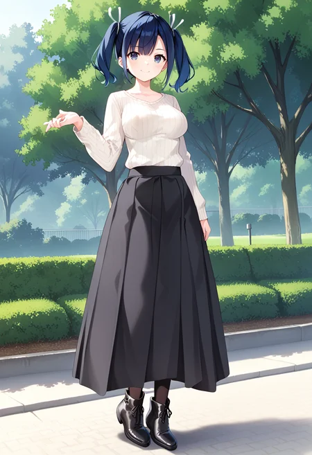 standing, solo, 1girl, park, full body, large breasts, <lora:KC_04AC_souryuu_pony:1> souryuukc, blue hair, short twintails, blue eyes, hair ribbon, white ribbon, souryuuautumnkc, ribbed_sweater_collarbone, white sweater, black skirt, long skirt, black pantyhose, ankle boots, black footwear, score_9,score_8_up, score_7_up, source_anime, masterpiece, best quality, official art, official style, game cg, megami magazine, rating_safe, rating_questionable, <lora:Fixhands_anime_bdsqlsz_V1:0.75>, NEGATIVE_HANDS