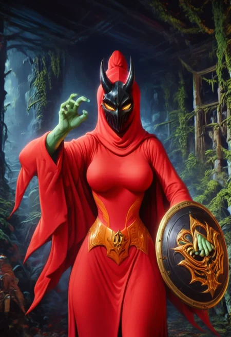 score_9, score_8_up, score_7_up, ASCII, masterpiece, 1girl, wide sleeves, red hooded cloak, red robe, red hood, alex_the_terrible_mask, black mask, horns, yellow eyes, (green skin:1.3), orange bat shaped belt, huge and saggy breasts, standing, Sword and shield, holding, action pose, fight pose,