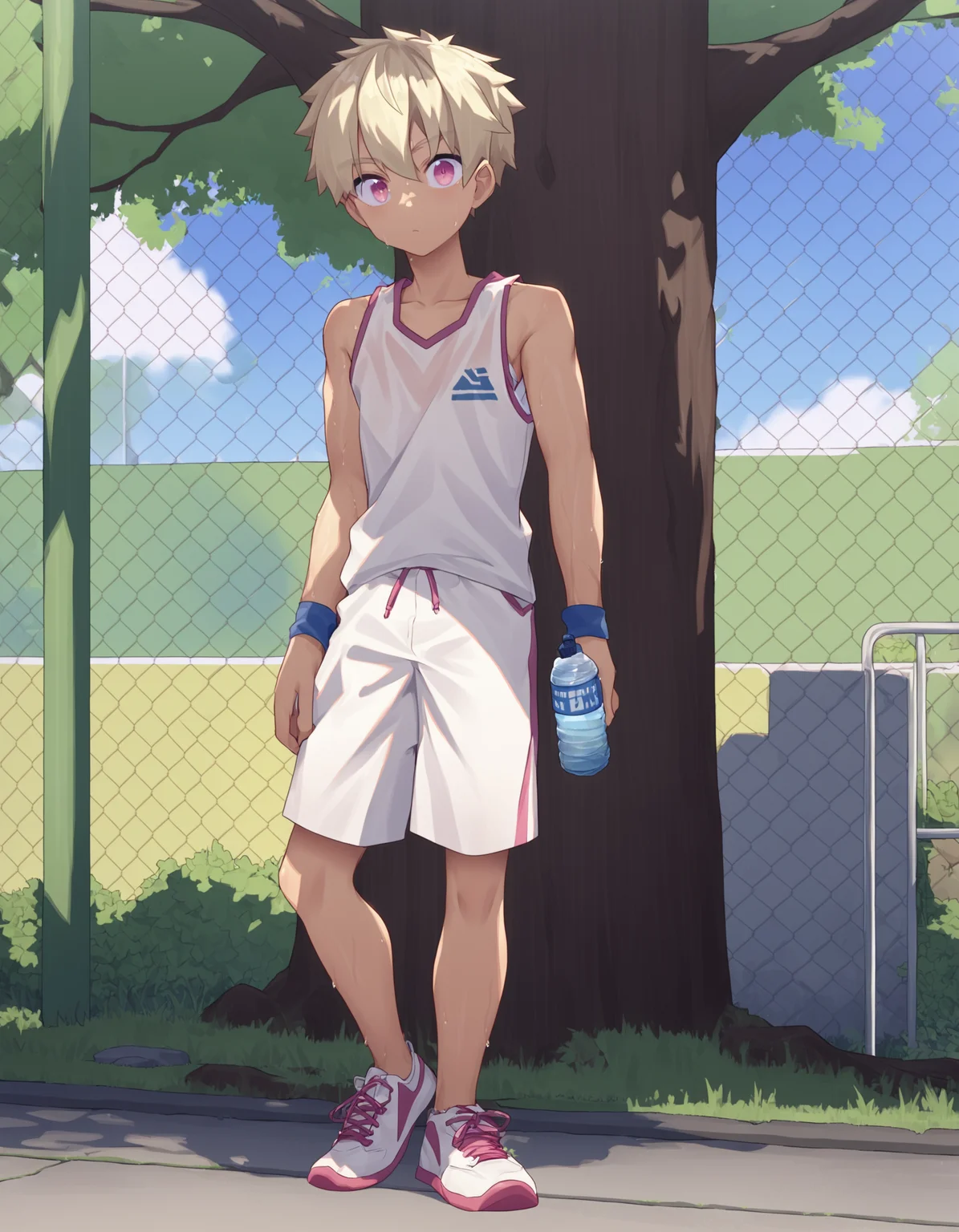 score_9, score_8_up, score_7_up, score_6_up, source_anime, outdoors, tree, fence, full body, 1boy, solo, blonde hair, pink eyes, white tank top, white shorts, sneakers, standing, holding water bottle, sweat, looking at viewer <lora:rukiruki_AMXL_v1e-ShoAI:1>