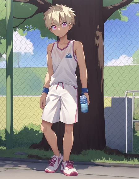 score_9, score_8_up, score_7_up, score_6_up, source_anime, outdoors, tree, fence, full body, 1boy, solo, blonde hair, pink eyes, white tank top, white shorts, sneakers, standing, holding water bottle, sweat, looking at viewer <lora:rukiruki_AMXL_v1e-ShoAI:1>