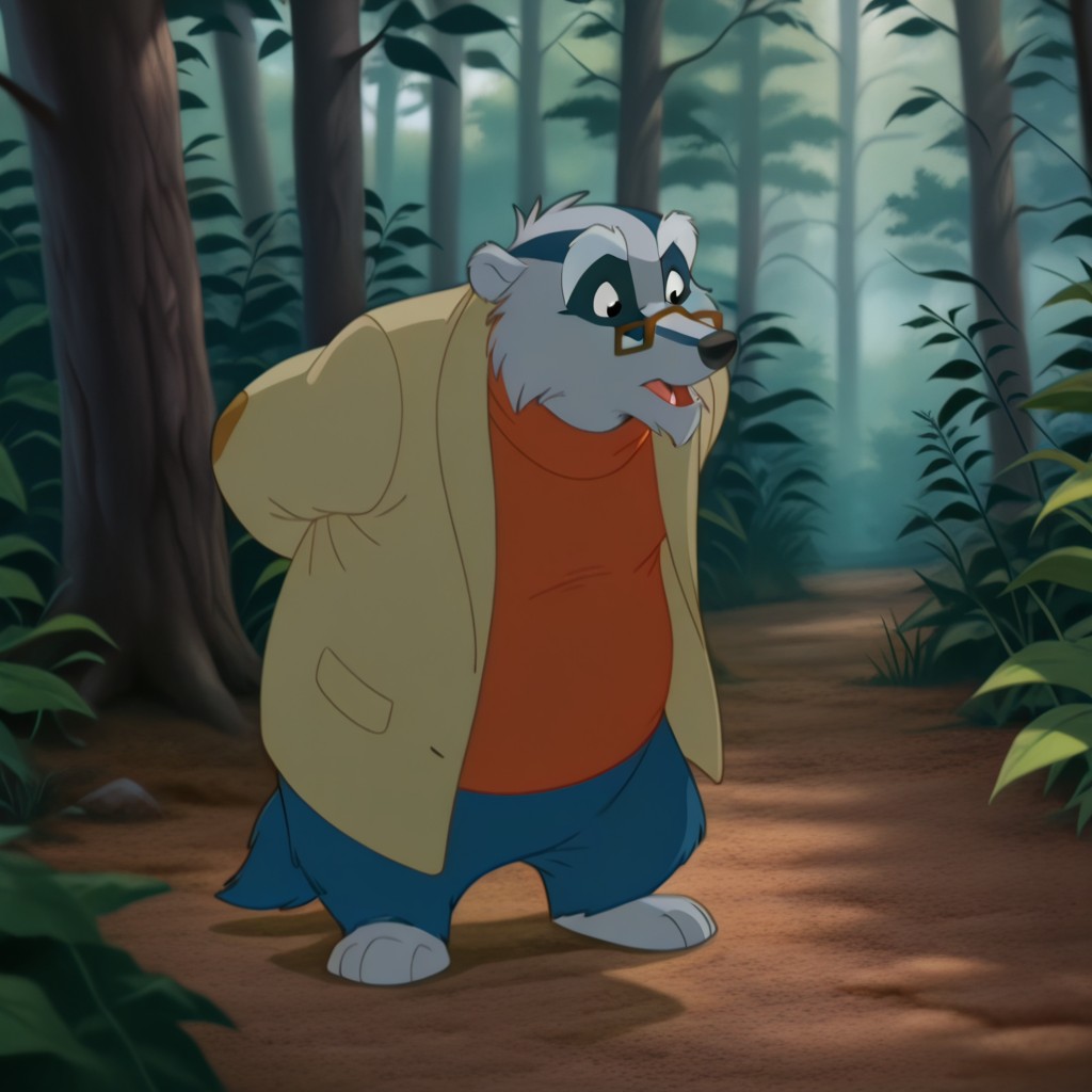 masterpiece, best quality, amazing quality,  Corneliusouafil, semi-anthro, male, badger, grey fur, black eyes, two-tone fur, red shirt, glasses, tan jacket, standing, in a forest, solo, full body, , <lora:8a2824d4-299d-4ce2-9fe3-ac01797367e8:1.0>