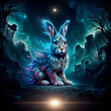An image of a dystopian jungle at night in Blade Runner style with neon fluorescent dust, a cyberpunk rabbit with reflective skin sits directly centre of image slowly dissolving into space, ral-dissolve.