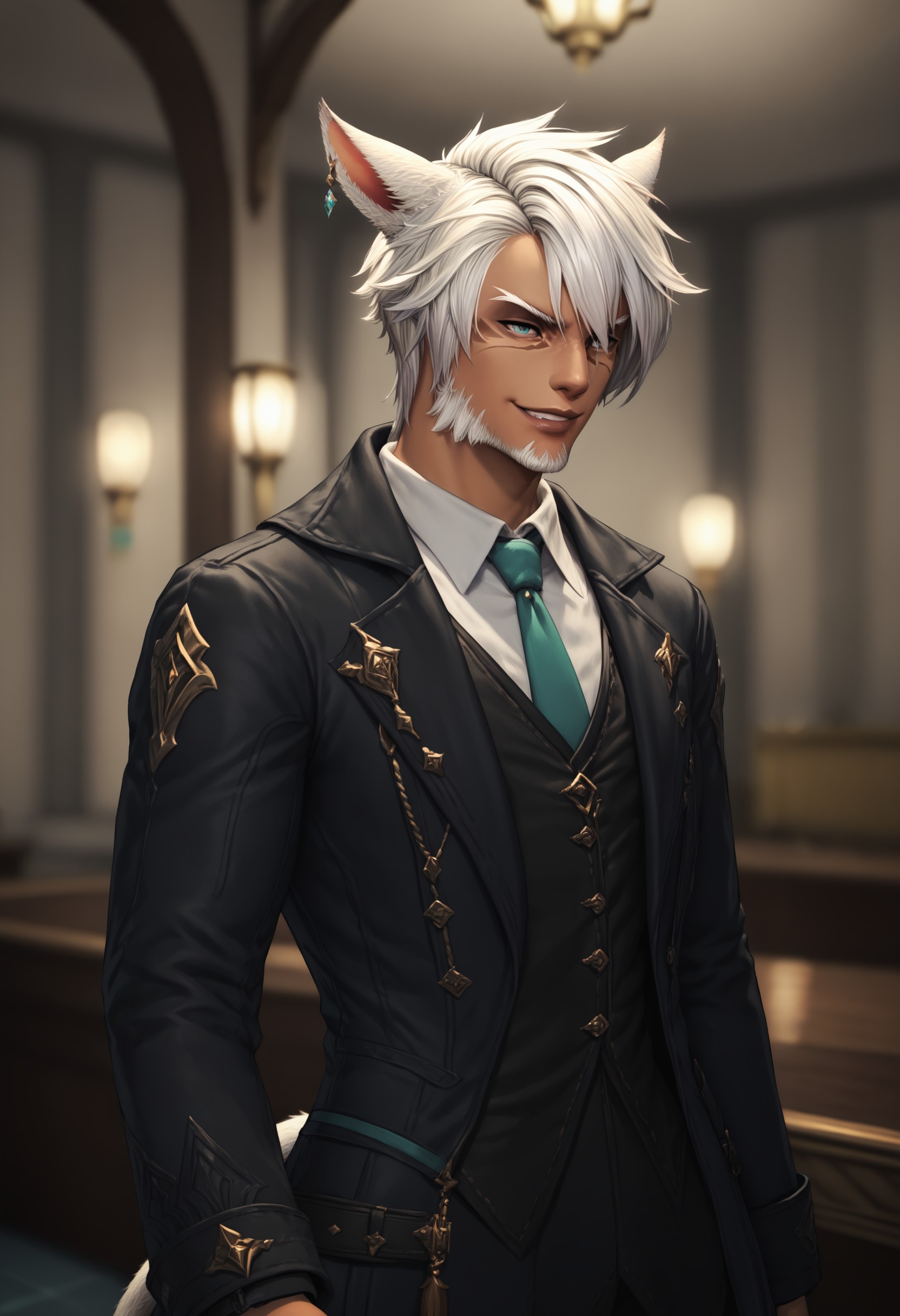 score_9, score_8_up, score_7_up, score_6_up, score_5_up, 3KK4T14, 1boy, animal ears, miqo'te, male focus, solo, facial hair, white hair, blurry background,  cat ears, dark-skinned male, dark skin, earrings, jewelry, beard, necktie, facial mark, short hair, indoors, hand out, smirk, smoldering expression, <lora:05b4ee60-e7e4-4acf-8aa7-d7a6dc9f4242:0.7>