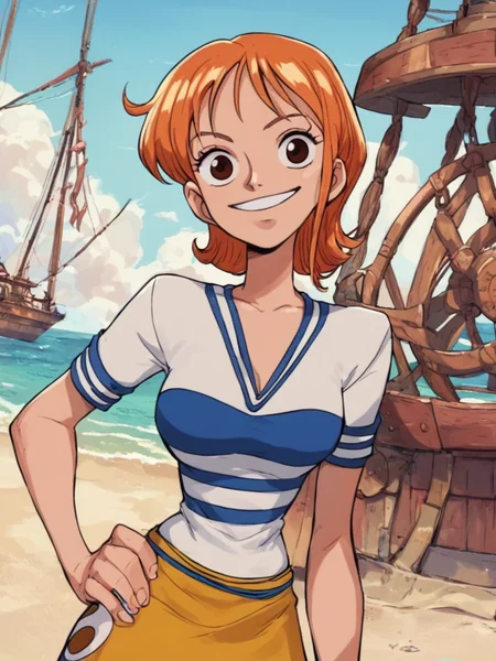 <lora:NamiPony1.0:0.7> nami, 1girl, short hair, orange hair, solo, striped shirt, yellow skirt, looking at viewer, smile, brown eyes, upper body,hand on own hip,smile, score_9,beach,pirate ship score_8_up, score_7_up, score_6_up , <lora:Jabstyle_AMXLV1:1>