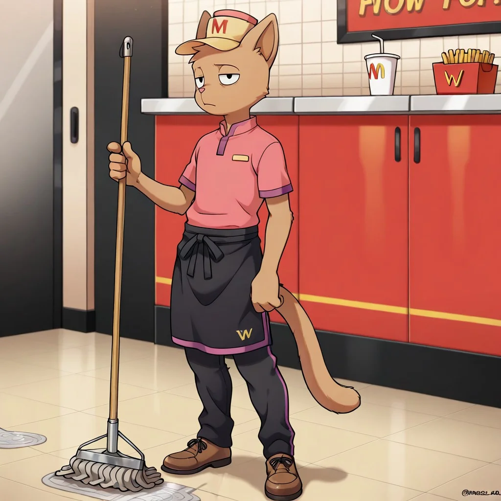 masterpiece, best quality, amazing quality, official style, burg3rp4nts, male, furry male, solo, cat, brown fur, black eyes, pink nose, pointed ears, tail, yellow hat, pink shirt, black apron, purple trim, black pants, brown shoes, standing, bored, holding mop, mopping floor, indoors, fast food restaurant