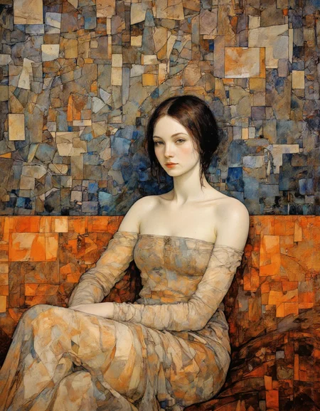 This image is an impressionistic digital painting in a modern, abstract style, featuring a young woman with fair skin and straight, dark brown hair. She is depicted in a relaxed, contemplative pose, seated on a cushioned surface with her left arm resting on her lap and her right arm crossed over her left arm. The woman wears a strapless dress with long, flowing sleeves that appear to be made of a translucent fabric, revealing a hint of her shoulders and upper chest. Her expression is calm and introspective, with a slightly pensive look on her face. The background is an intricate, geometric pattern composed of various shades of orange, brown, and blue, creating a mosaic-like texture that contrasts with the softness of the womanâs skin and dress. The background's abstract composition suggests a modern, minimalist aesthetic, with lines and shapes that seem to flow and intersect organically. The overall color palette is warm and muted, with earthy tones dominating the scene. The painting's style is reminiscent of contemporary digital art, blending elements of surrealism and abstraction to create a visually striking and emotionally evocative image.