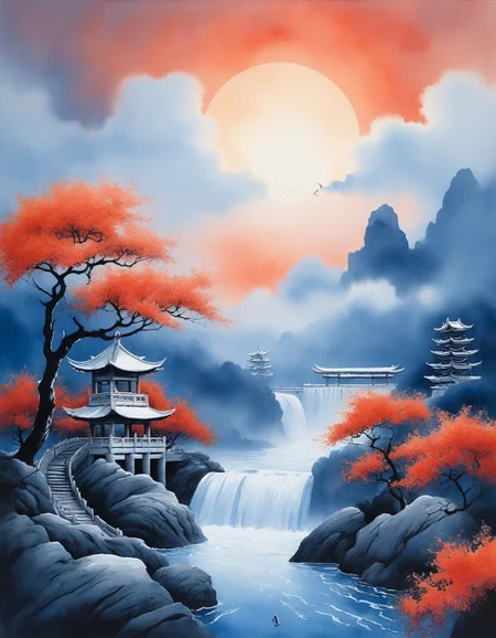 Chinese Ink Wash: (simplified brushstrokes), (monochrome gradients), (negative space), (traditional "Gou, Cun, Dian, Ran" techniques) :cite[7],
infinity bridge collapsing into fractal patterns,
Caribbean coral reef with parrotfish schools, 
Snowy blizzard Weather,
a serene cloudscape, with fluffy white clouds, gentle winds, and a brilliant blue sky, offering a sense of peace and tranquility,
Civil twilight with urban lights,
Fall foliage color explosions,
 <lora:add-detail-xl:0.7>,
 <lora:DetailMaximizer:0.3>,
 <lora:brho:0.15> brho, 
<lora:Deep_depth_of_field:0.3>,
 <lora:extremely_detailed:0.8> extremely detailed,