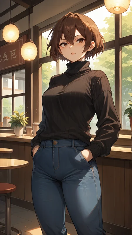 score_9,score_8_up,score_7_up,score_6_up, <lora:xl_more_art-full_v1:0.5>, source_anime, woman, dynamic pose, hands in pockets, <lora:Shino Sosaki (Mandalay) - Pony:0.8>, short hair, brown hair, hair between eyes, brown eyes, black sweater, turtleneck sweater, jeans, cafe, morning light,