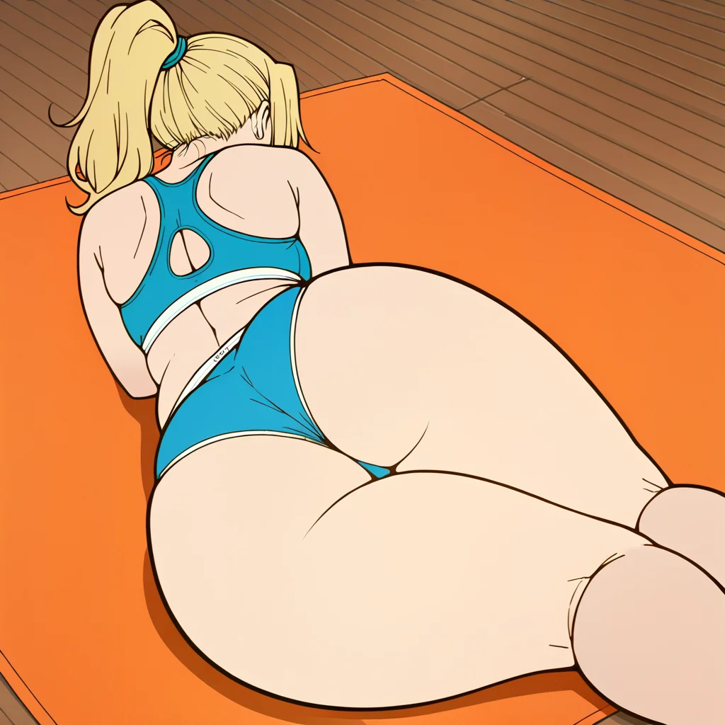 score_9, (flat color:1.3), source_anime, 2d, 1girl, solo, sport bra, sport panties, thick thighs, (facing away), faceless female, from behind, ass, yoga mat, (on side), thick thighs, fat ass, on ground, sweatband, mature female, ponytail, (blonde hair), living room background, <lora:flat:1>