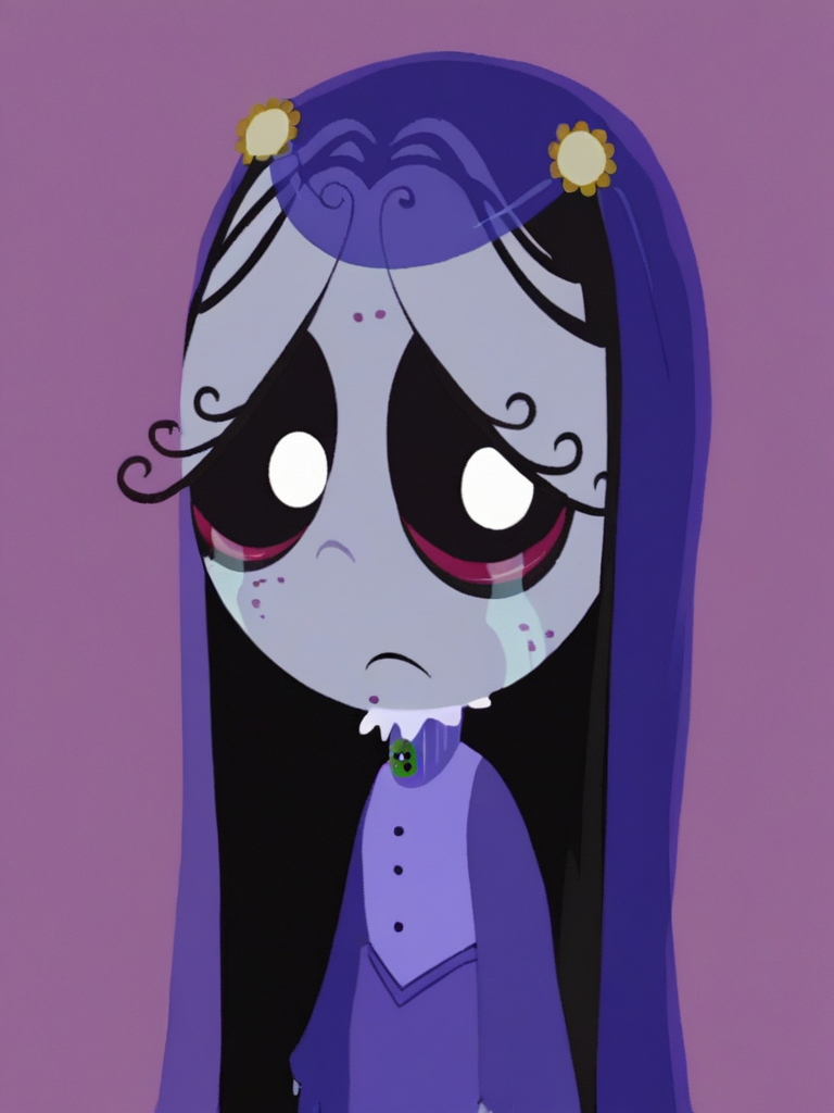 score_9, score_8_up, score_7_up,  
1girl, misery gloom, very long hair, black hair, blue veil, black sclera, white eyes, grey skin, half-closed eyes,

standing, closed mouth, looking at viewer, upper body, face,
blue dress, long dress, long sleeves, wide sleeves, fingerless gloves,