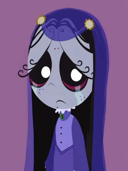 score_9, score_8_up, score_7_up,
1girl, misery gloom, very long hair, black hair, blue veil, black sclera, white eyes, grey skin, half-closed eyes,
standing, closed mouth, looking at viewer, upper body, face,
blue dress, long dress, long sleeves, wide sleeves, fingerless gloves,