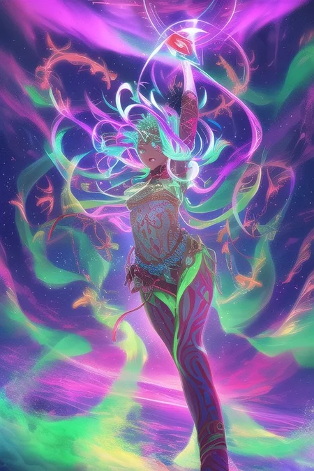 Ice-skinned girl dances in the snow, beats a tambourine. Arctic, The night sky with the aurora borealis (An image with very contrasting and vivid psychedelic colors) (OverallDetail, DaSa, psychedelic)