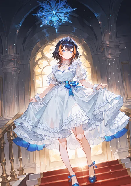 zPDXL3 Real score_9, score_8_up, score_7_up, score_6_up source_anime, highly detailed, sharp, intricate details, rating_safe rating_sensitive, rating_explicit, masterpiece, best quality, good quality, bright eyes light particles lens flare amazing quality, very aesthetic, very awa, absurdres, newest,
<lora:yoneyamaiXLNBVP1lokrV6311PZ:0.5>, <lora:TID_style:0.5>
<lora:nhl-001:0.4> nhl-001 film grain multicolored background  <lora:ponyv4_noob1_2_adamW:0.4>
medium breasts, dynamic pose, dynamic angle,
optical illusion, ssambatea, quasarcake, Fishine, arutera, soresaki, reoen, sanbonzakura, askzy, negative space, see-through, made of, neon light, detailed background,
medium hair
niji-petra,medium breastas,blue eyes,black hair,orange hair,multicolored hair,streaked hair,ornament,
indoors, (Princess dress:1.2), piercing, necklace, jewelry, A lavish mansion's grand staircase as the centerpiece, with plush red carpeting unfurling between ornate dark wood banisters. A young girl in a formal dress stands alone, her presence highlighted midway up the broad steps, capturing the opulence of the estate.
 <lora:niji-petra:0.7>
