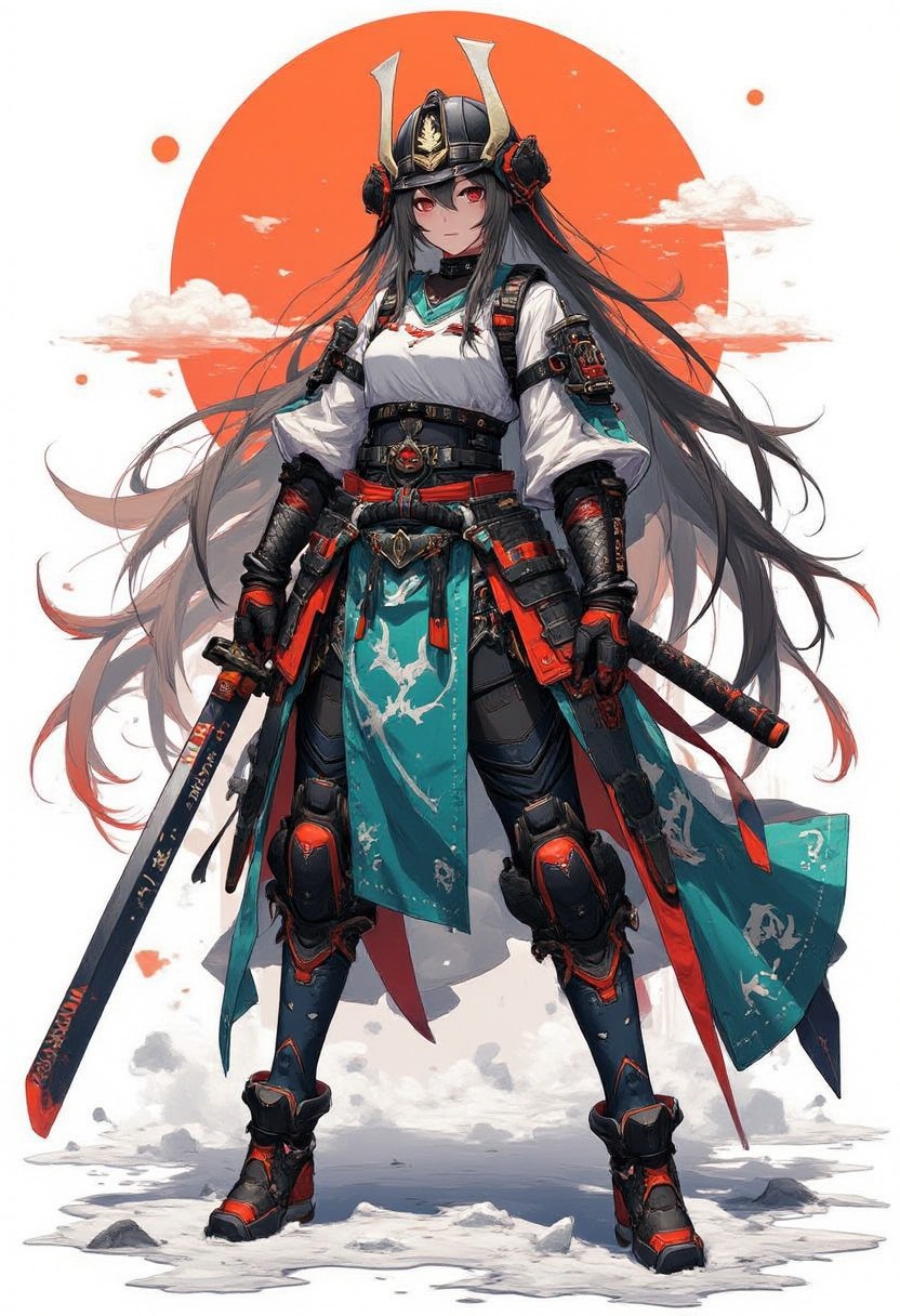 concept art, fda77, a stunning japanese female warrior, long flowing hair, wearing samurai armour and helmet, holding a katana with both hands on a snowy battlefield, theme in vibrant orange, teal, red and black colour, high quality, highly detailed, red and black colour theme