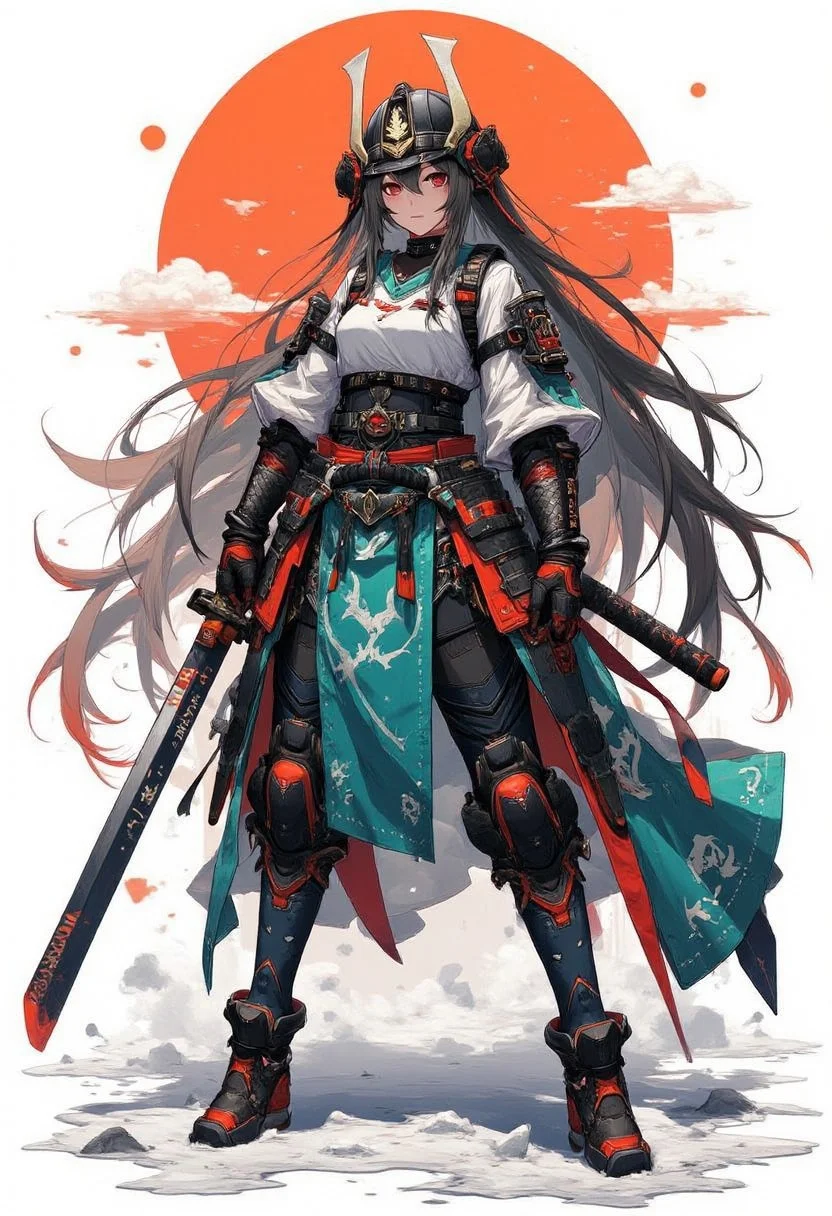 concept art, fda77, a stunning japanese female warrior, long flowing hair, wearing samurai armour and helmet, holding a katana with both hands on a snowy battlefield, theme in vibrant orange, teal, red and black colour, high quality, highly detailed, red and black colour theme