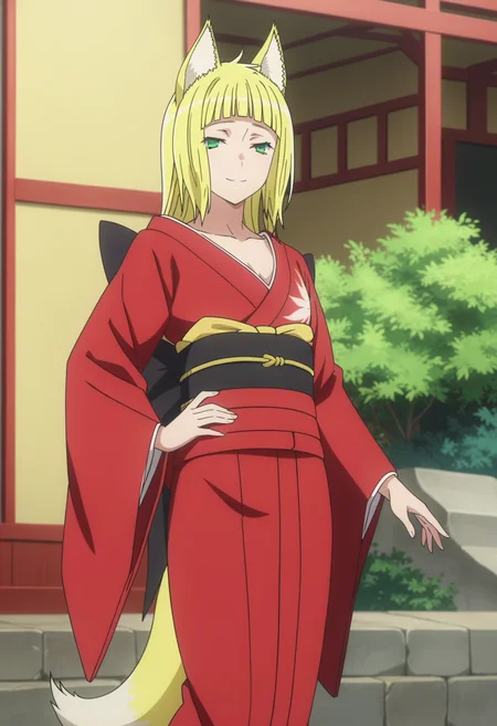 score_9, score_8_up, score_7_up, source_anime,
BREAK
1girl, solo, anime screencap, anime coloring,
<lora:shiHaruhimeV1:1>, shiharuhimekimono, fox ears, fox tail,
long hair, blonde hair, green eyes, blunt bangs,
red kimono, japanese clothes, sash, obi, long sleeves, wide sleeves,
looking at viewer, hand on own hip, outdoors, smile,