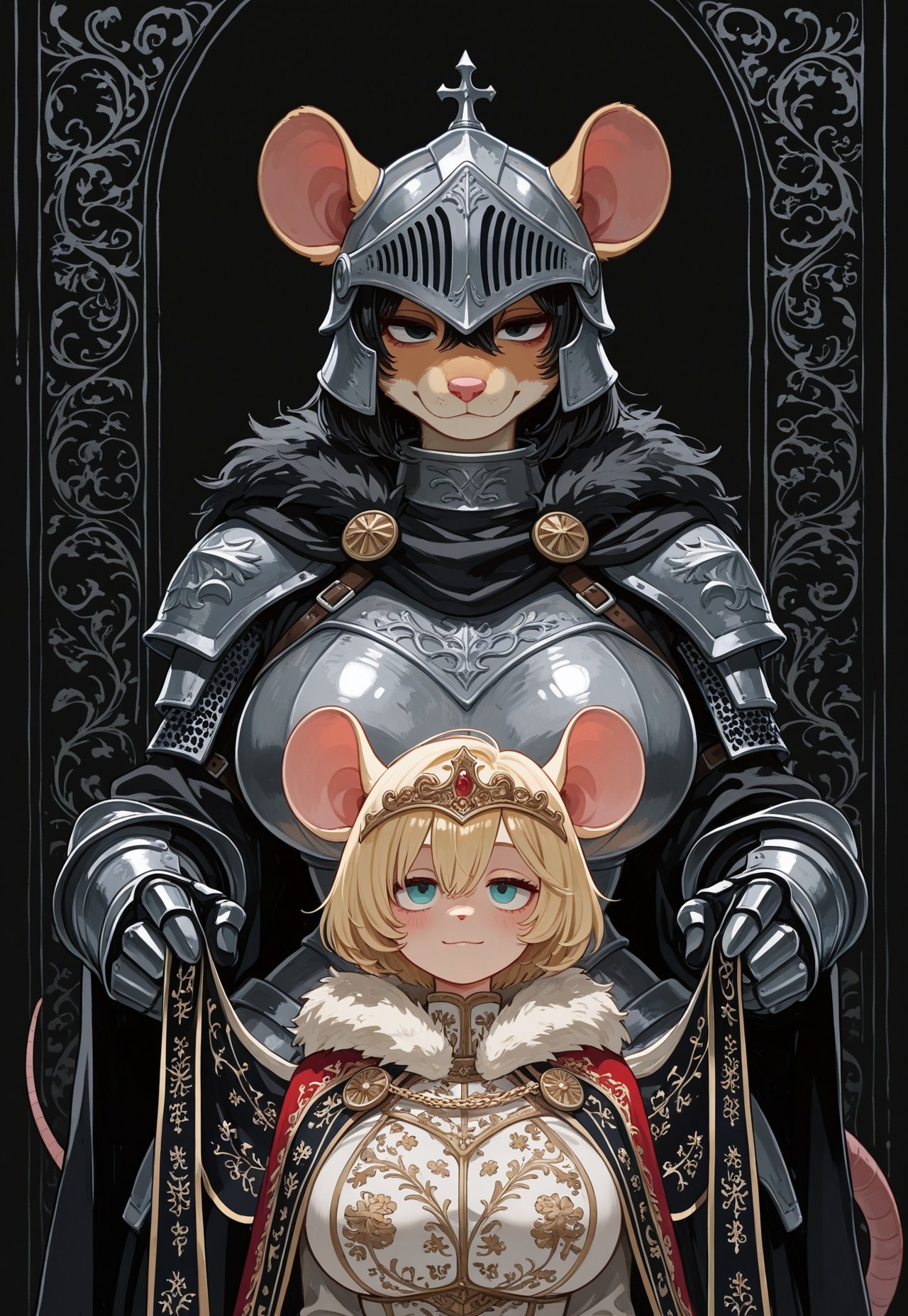 newest, very aesthetic, 
 score_9, score_8_up, score_7_up, high quality, newest, highres, close up, 2 ratgirls, 2 girls, fur around neck, armored, female knight, royalty, flanked by guards in armor, (furry), curvy, bashful, very short hair, side by side,  honeyblonde fur, rat tail, rat ears, (huge breasts),  holding banner, flowing cape, facing viewer, long banner flowing, blushing, light smile, curvy, seductive gaze, lidded eyes, glamorous armor, (large breasts:2), castle in background, castle town, portrait,
,  black lighting, thin white outline, (sharp detail), masterpiece ,amazing quality, (intricate details:2) ,