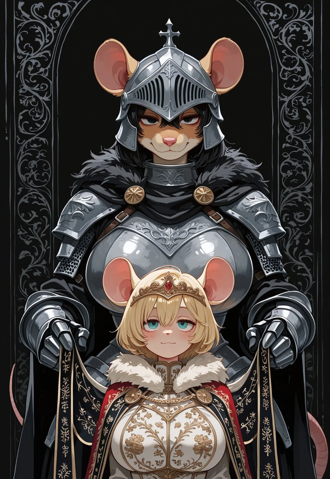 newest, very aesthetic,
score_9, score_8_up, score_7_up, high quality, newest, highres, close up, 2 ratgirls, 2 girls, fur around neck, armored, female knight, royalty, flanked by guards in armor, (furry), curvy, bashful, very short hair, side by side, honeyblonde fur, rat tail, rat ears, (huge breasts), holding banner, flowing cape, facing viewer, long banner flowing, blushing, light smile, curvy, seductive gaze, lidded eyes, glamorous armor, (large breasts:2), castle in background, castle town, portrait,
, black lighting, thin white outline, (sharp detail), masterpiece ,amazing quality, (intricate details:2) ,