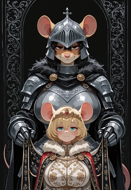 newest, very aesthetic,
score_9, score_8_up, score_7_up, high quality, newest, highres, close up, 2 ratgirls, 2 girls, fur around neck, armored, female knight, royalty, flanked by guards in armor, (furry), curvy, bashful, very short hair, side by side, honeyblonde fur, rat tail, rat ears, (huge breasts), holding banner, flowing cape, facing viewer, long banner flowing, blushing, light smile, curvy, seductive gaze, lidded eyes, glamorous armor, (large breasts:2), castle in background, castle town, portrait,
, black lighting, thin white outline, (sharp detail), masterpiece ,amazing quality, (intricate details:2) ,