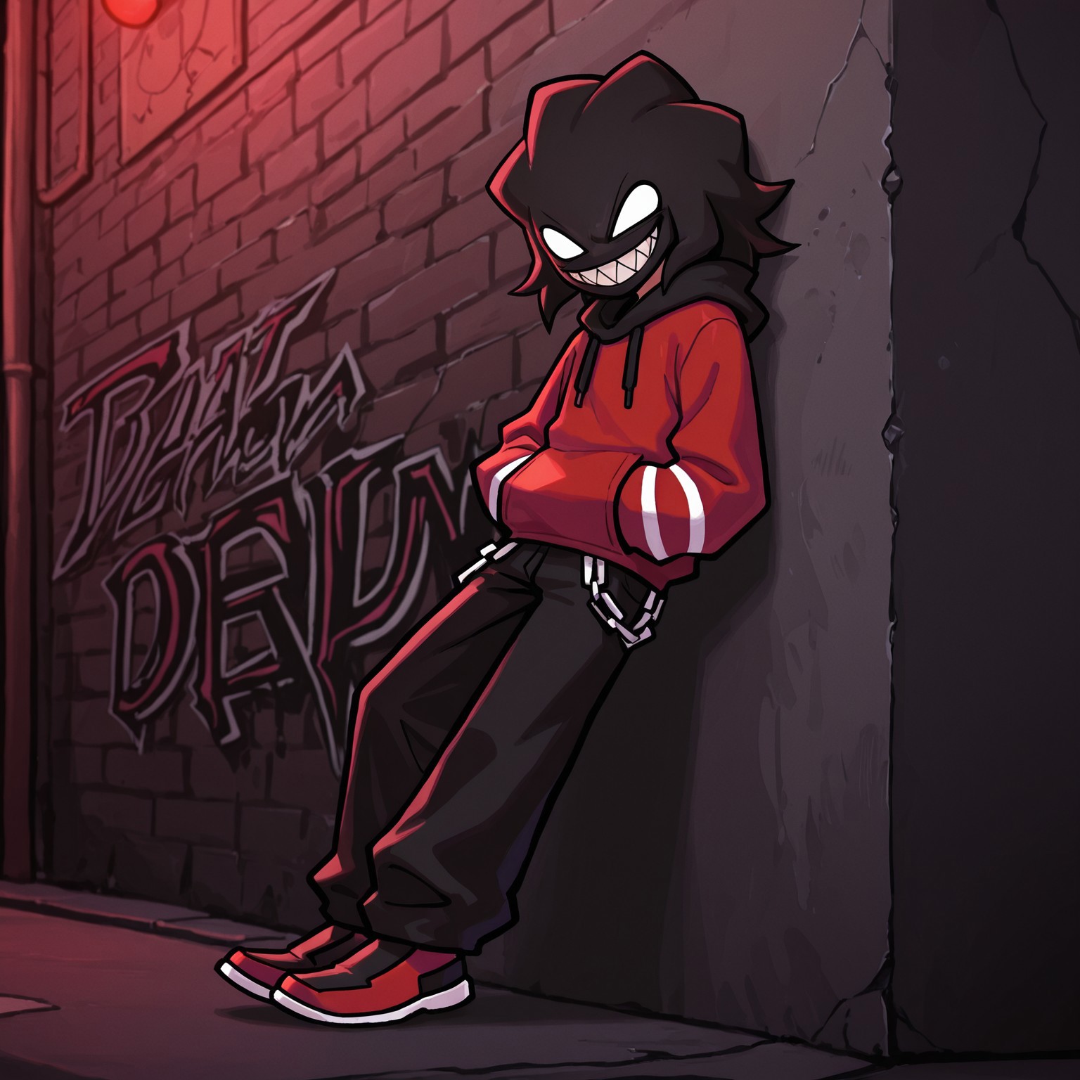 2d, 1boy, solo, Agoti, male, humanoid, black head, black hair, short hair, tendril-like hair, hair down, white sclera, no pupils, red hoodie, black drawstrings, black fingerless gloves, black pants, white chains, red and black shoes, white shoe soles,  

BREAK leaning against wall, side view, sharp teeth, looking at viewer, hands in pockets, street, graffiti, grinning

BREAK best quality, amazing quality, very aesthetic, absurdres, newest, masterpiece 