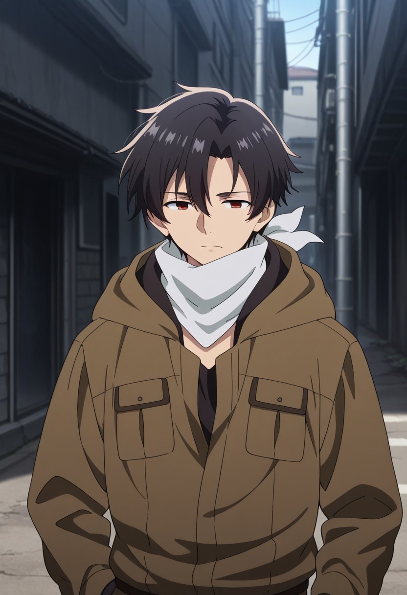 masterpiece,best quality,amazing quality, source_anime, 
ShineiNouzen, 1boy, male focus, solo, red eyes, black hair, neckerchief, shirt, black shirt, jacket, brown jacket, hood, outdoor,