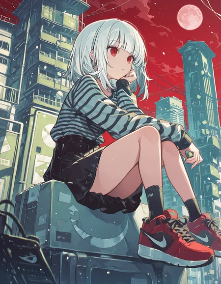 masterpiece, best quality, newest, highres, absurdres, <lora:Yak4n2gou_illu:1>,Yakan2g0u_illu, 1girl, skirt, shirt, socks, eyes, solo, striped shirt, striped, shoes, medium hair,hime cut, long sleeves,nike_sneakers, red eyes, sitting, short hair, white hair, moon, bangs, black skirt, building, limited palette, red footwear,red background, green_theme,