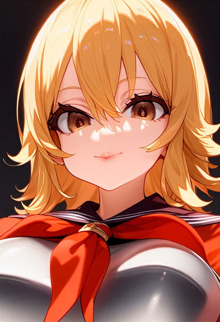 (masterpiece:1.2, best quality), (finely detailed eyes: 1.2) (ultra-detailed, hires), (detailed face, detailed eyes), (best illumination), detailed glow, high contrast, looking at viewer, solo, smile, closed mouth, 1girl, huge breasts, wide hips, thick thighs, centurii-chan, blond hair, brown eyes, hair between eyes, medium hair, fluffy hair, bangs, armor, ((breastplate)), dress, neckerchief, red neckerchief, red dress, short dress, short sleeves, pink lips, skindentation, no background, empty background, (((face shot))), (masterpiece, best quality, very aesthetic, absurdres), (ultra detailed perfect piece:1.2), illustration, masterpiece, (extremely detailed CG 8k), (very fine 8K CG), <lora:add-detail-xl:-1>