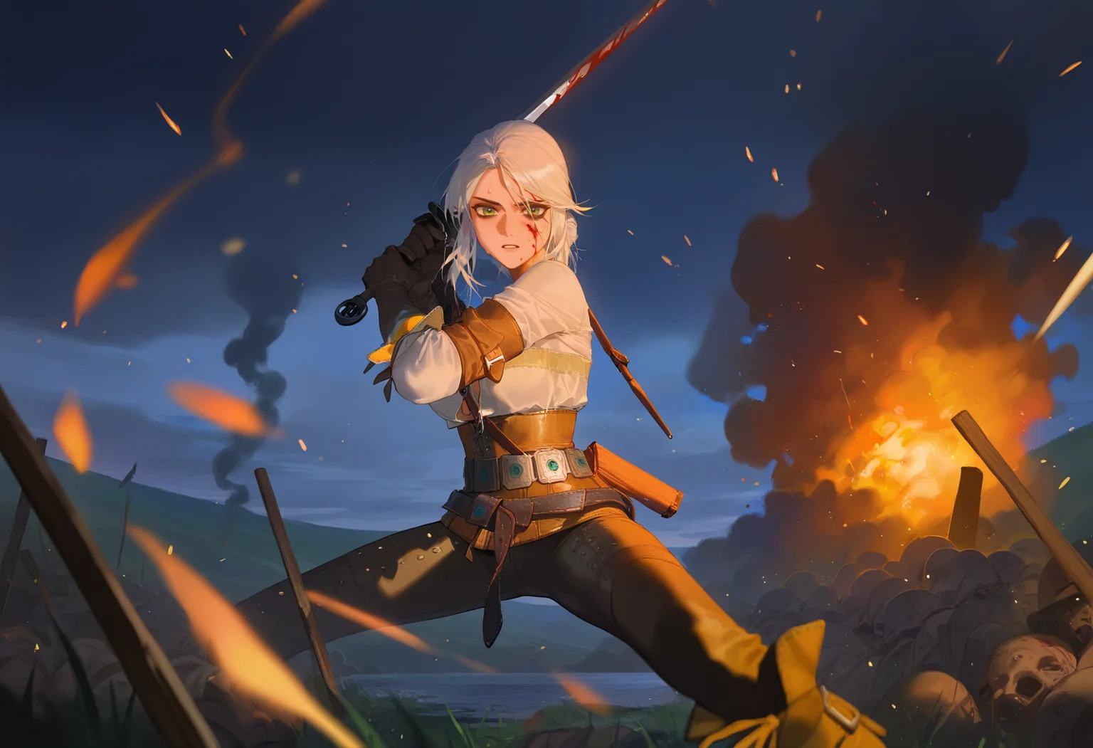 artist:ciloranko,artist:modare,artist:diyokama, best quality, amazing quality, very aesthetic, absurdres, best quality, masterpiece, newest,
1girl, ciri, white hair, green eyes,
scar across eye,
belt, leather gloves, leather pants, white shirt,
holding sword,
fighting stance, blood on face, blood on weapon, sweat,
blood splatter, incoming attack, looking at viewer, dark theme, foreshortening, motion blur, grasslands, battlefield, smoke, pile of corpses, fireball, catapult, raining, water, cloudy sky, embers, night, fighting <lora:CiriNoobXL_byKonan:1>