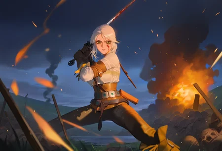artist:ciloranko,artist:modare,artist:diyokama, best quality, amazing quality, very aesthetic, absurdres, best quality, masterpiece, newest,
1girl, ciri, white hair, green eyes,
scar across eye,
belt, leather gloves, leather pants, white shirt,
holding sword,
fighting stance, blood on face, blood on weapon, sweat,
blood splatter, incoming attack, looking at viewer, dark theme, foreshortening, motion blur, grasslands, battlefield, smoke, pile of corpses, fireball, catapult, raining, water, cloudy sky, embers, night, fighting <lora:CiriNoobXL_byKonan:1>