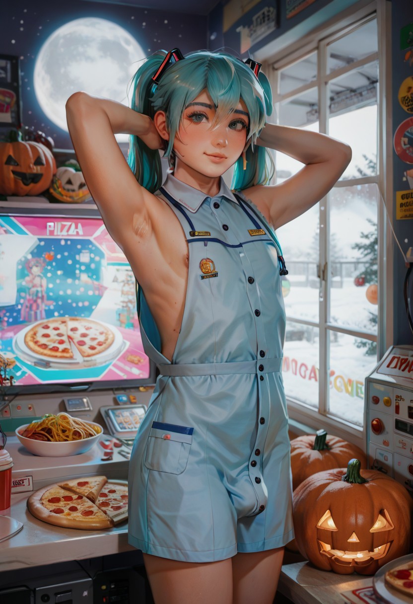 score_9, score_8_up, score_7_up, by3fr0g, solo, 1boy, femboy, hatsune miku, ultra detailed, pumpkins, moon, cowboy shot, hand behind head, armpit, cute pose, employee uniform, neon, pizza, tickets, fluorescent colors, arcade room, window, snow, night